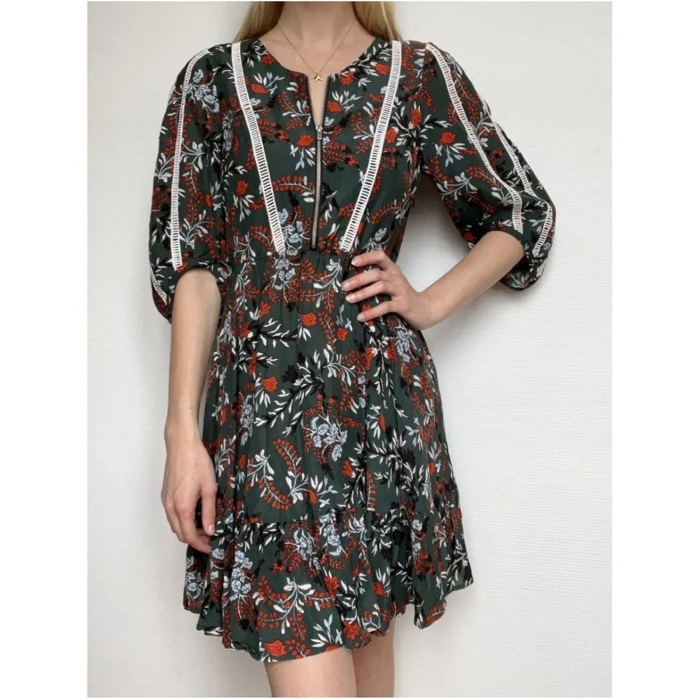 Maje Rubik‎ Imprime Floral Dress Womens 2 Small Green Red Boho Lace Trim V-Neck